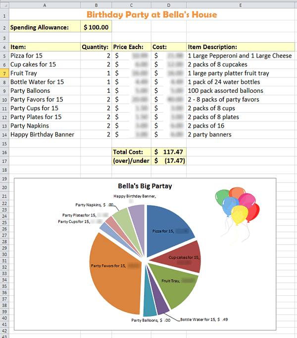 excel birthday party budget finished