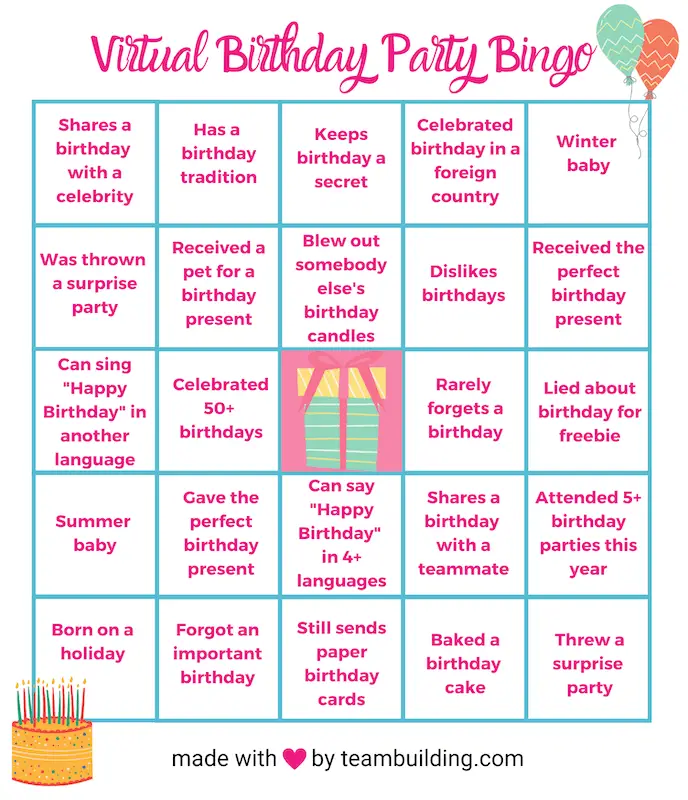 virtual birthday party bingo